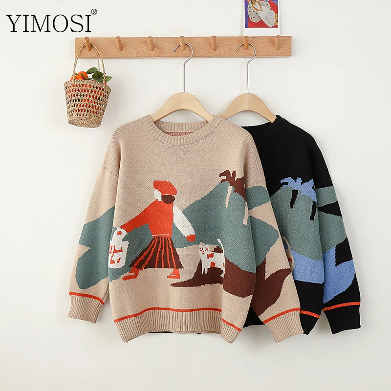 Женский Повседневный свитер с круглым вырезом и длинным рукавом Harajuku свободный