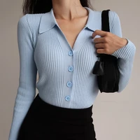lapel slim slimming jacket hollow buttons sexy v neck long sleeve polo neck knit cardigan sweater women