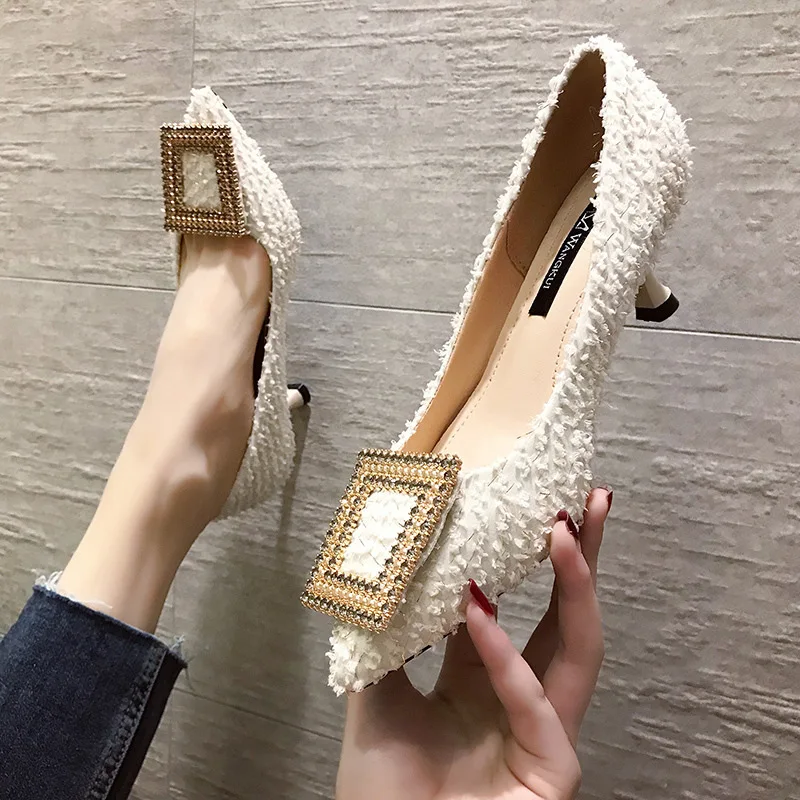 

High heel women 2020 spring new style pointed shallow mouth fashion women's single shoes fine heel metal buckle women's shoes