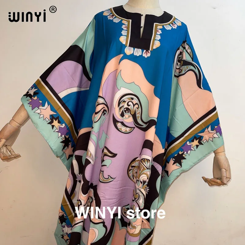 

2021 Summer Bohemian Floor Length Loose Dress Women Knitting Silk Print Elegant Maxi Long Dress Robe Gown WINYI