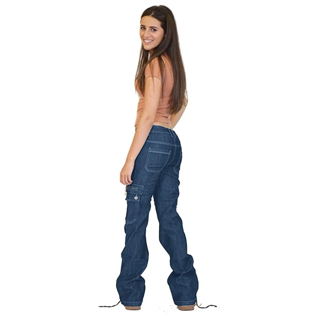 

Women Destoryed Flare Jeans Button Wide Leg Denim Cargo Pants Combat Jeans Woman High Waist Jeans 2021