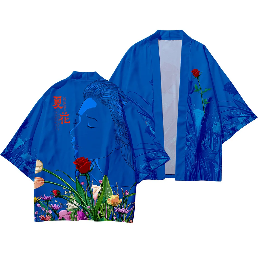 

Oversize S-6XL Summer Flower Printed Japanese Style Fashion Kimono And Pant Set Men Cardigan Blouse Haori Obi Asian Clothes