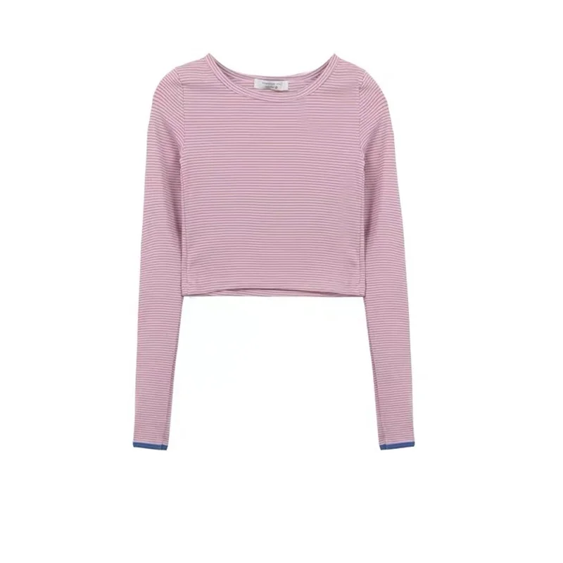 

Spring and autumn short striped long-sleeved t-shirt female simple style girl round neck top casual all-match women's clothing