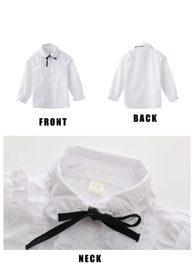 Белые рубашки с длинным рукавом для девочек блузки оборками на шее и бантом