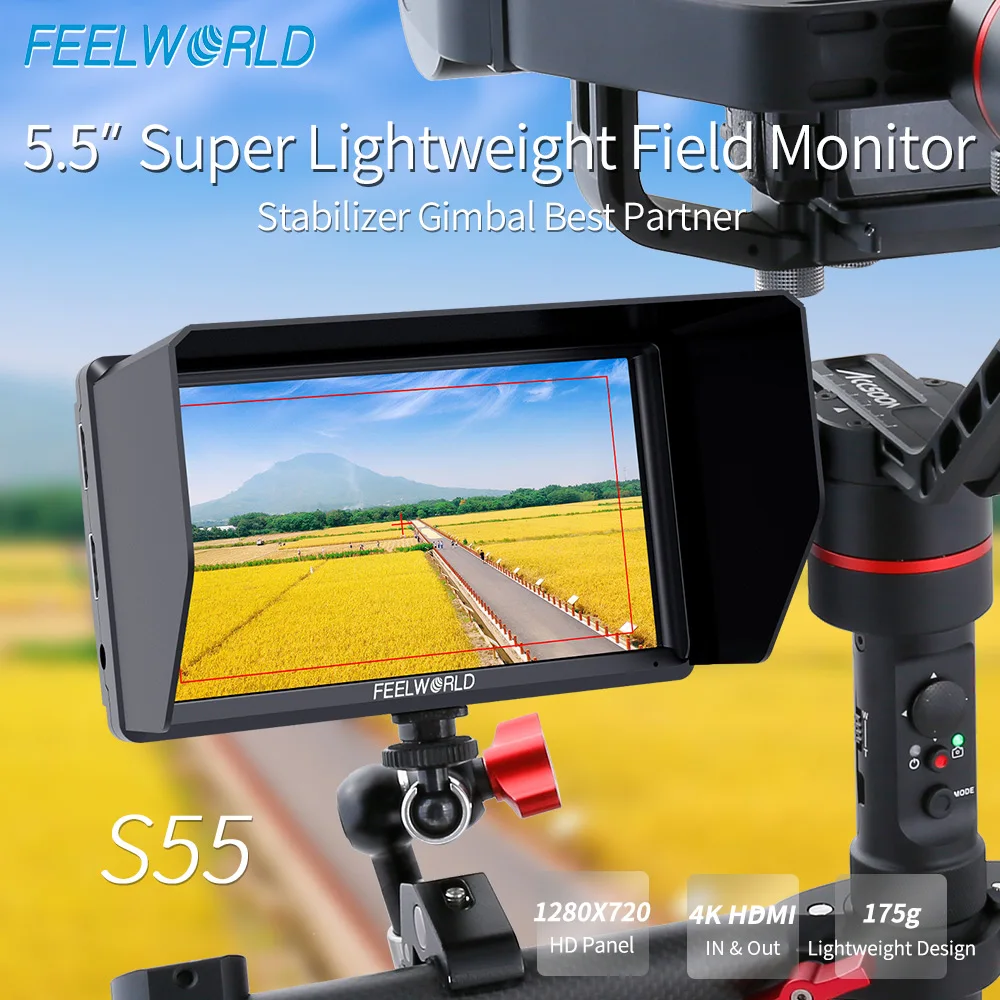 

FEELWORLD S55 5.5 Inch IPS on Camera Field DSLR Monitor Focus Assist 1280x720 Support 4K HDMI Input DC Output Include Tilt Arm