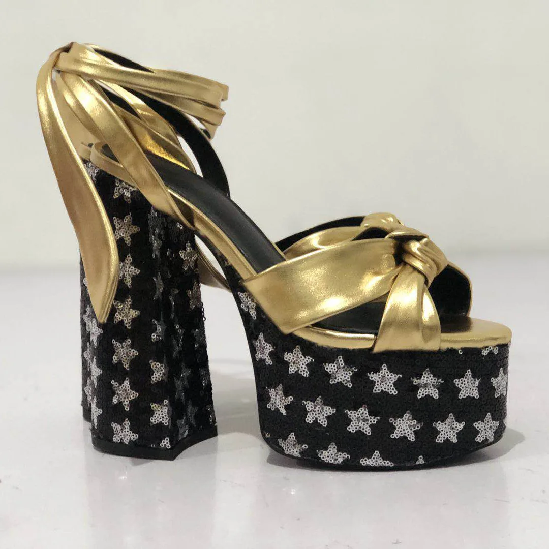 

Summer new thick heel high heels fish mouth gold sandals bow star shoes fashion large women's shoes