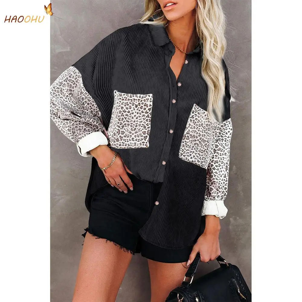 

HAOOHU Leopard Print Casual Jacket Women's Shirt Lapel Sunken Stripe 2021 New Autumn Winter Coat Women Clothing Urban Streetwear