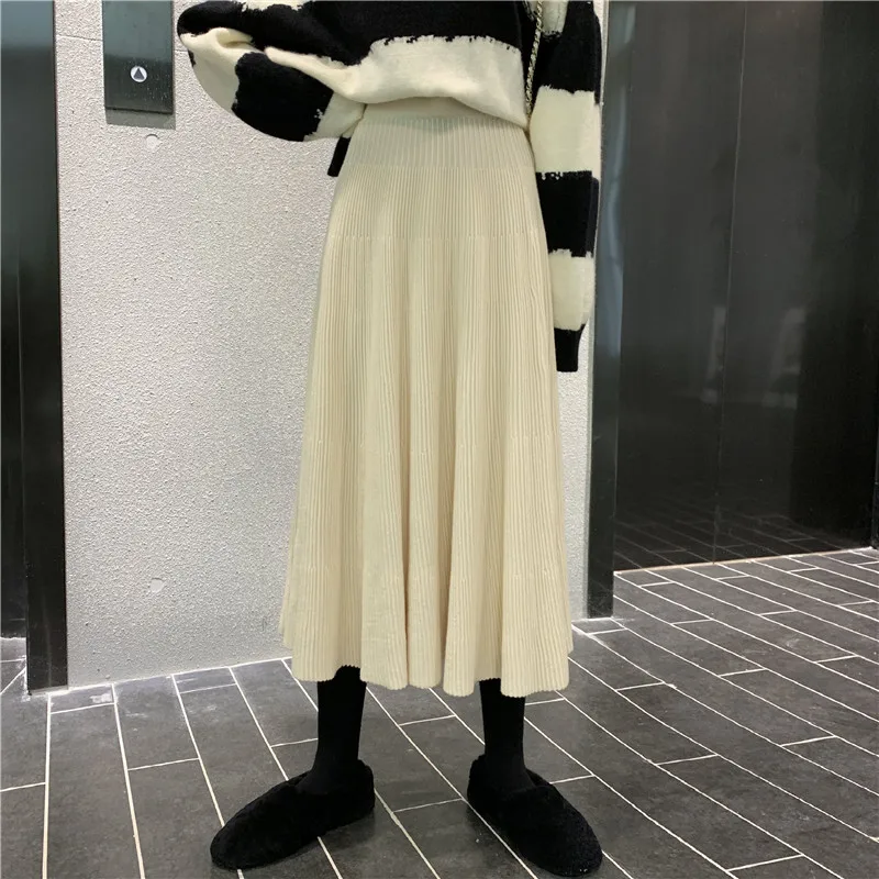 Зимние женские вязаные миди юбки корейские повседневные трапециевидные