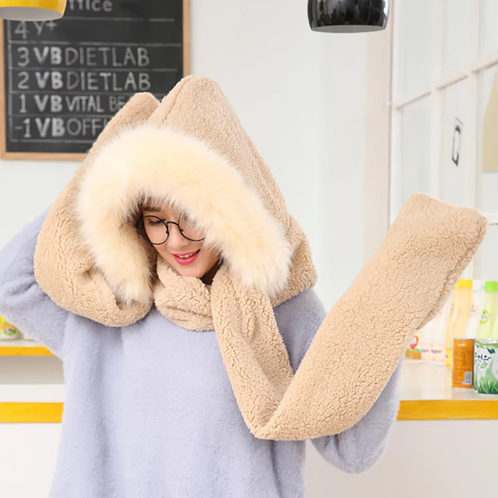 Японский женский шарф Kawaii Bear теплый зимний мягкий плюшевый с капюшоном шапка