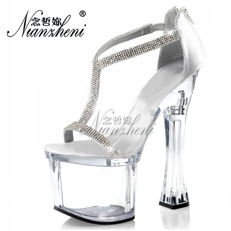 

Narrow band Rhinestone Open Toe Big Size Women's Sandals 18cm Super High heeled shoes 7 inches Spool heels Party Dress Fashion