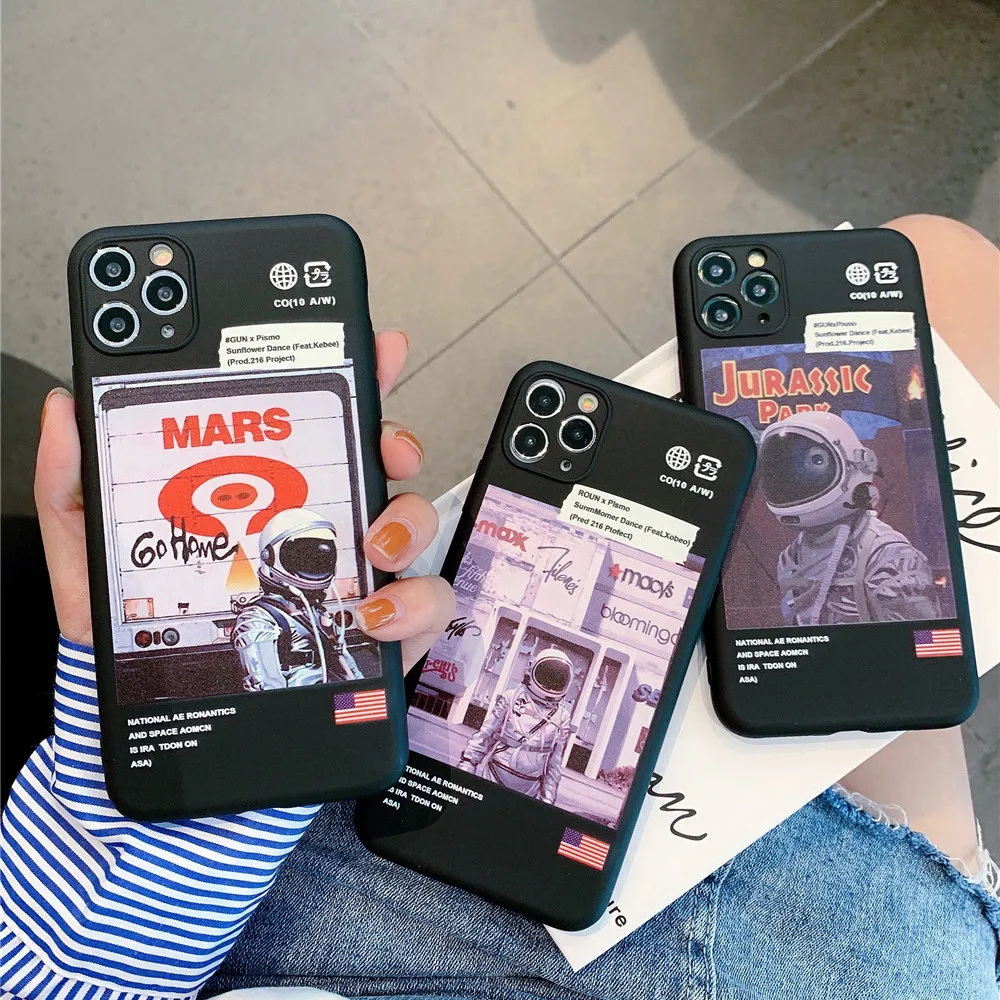 

America Astronaut label Phone Case for iphone 11 pro X Xs Max Xr 7 8 6 s Plus Street Fashion Soft Silicone Black Cover Coque