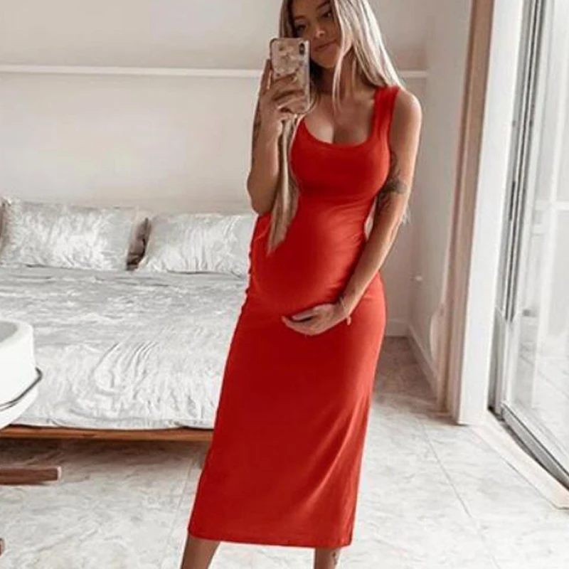 

Maternity Dress Womens Solid Color Sexy Maternity Dresses Pure Color Sleeveless pregnancy Dress Wear Bodycon Dress 2021 Summer