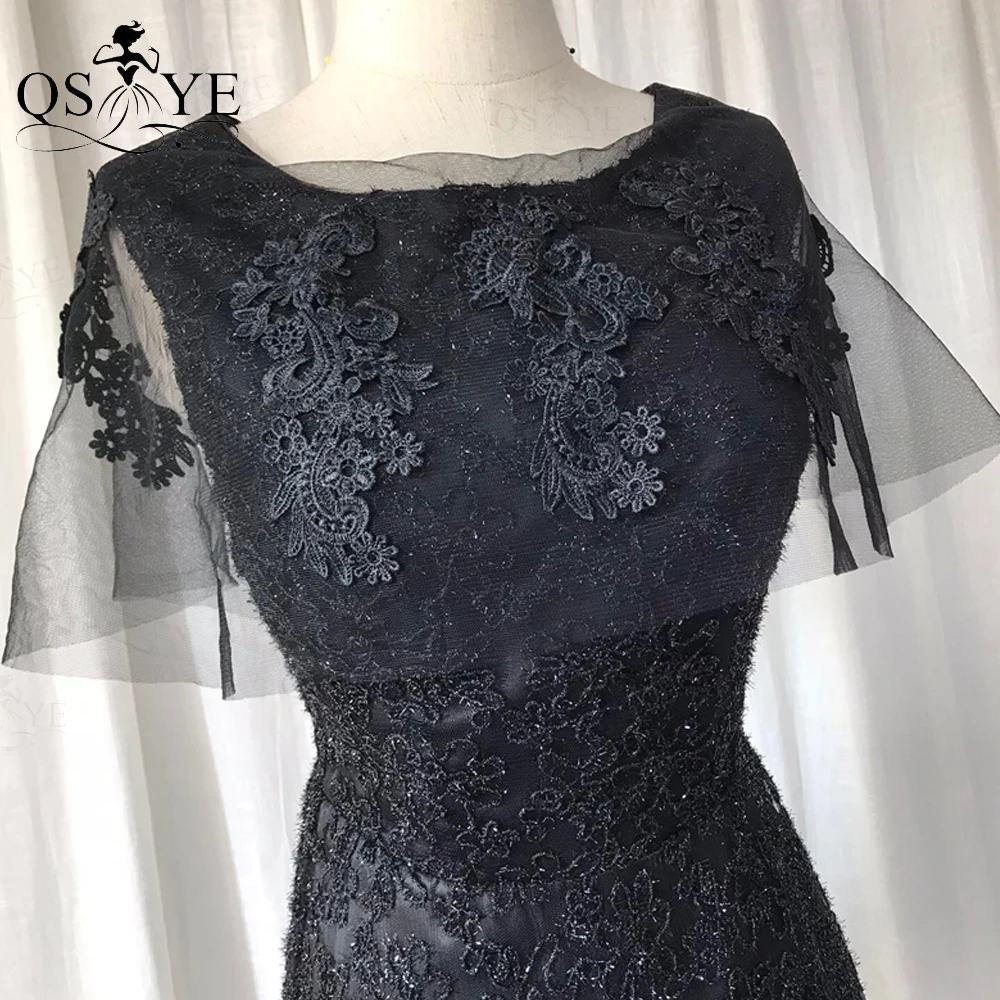 

Black Long Prom Dress Appliques Lace Sheer Cap Sleeves Evening Dress Glitter Lace Fabric Party Dress Straight Skirt Women Gowns