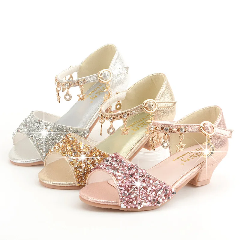 Girls Sandals Children Crystal Shoes 2023 Summer Kids Glitter Shoes High Heels Sequined Rhinestone Pendants Open Toes Princess