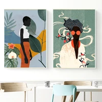 vintage fashion poster abstract black african girl flower plant leaf wall art canvas painting for living room decor pictures