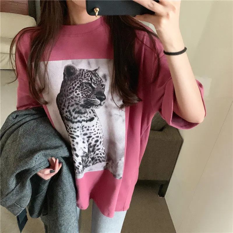 

2021 короткая хлопковая уличная одежда Stowaulb с принтом животных, Корейская Базовая шикарная Повседневная универсальная свободная футболка с ...