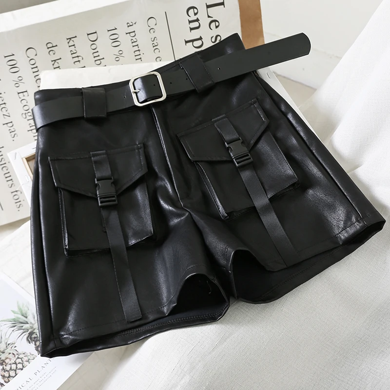 Женские осенне зимние кожаные шорты повседневные однотонные с 2019 карманами