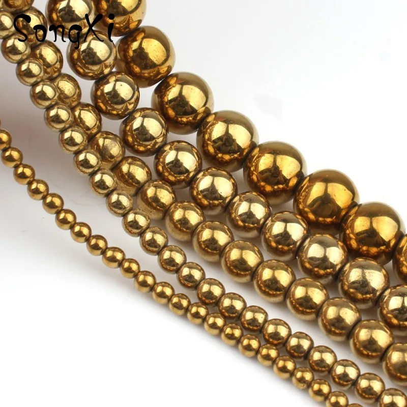 Натуральные круглые бусины золотые из гематита для изготовления ювелирных