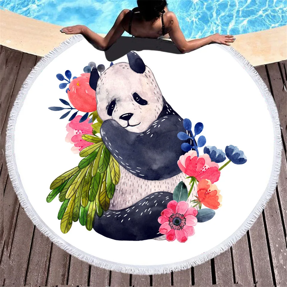 

New Color Hand-painted Panda Print Sports Swimming Beach Towel 150cm Round Water Absorbent Adult Breathable Towels