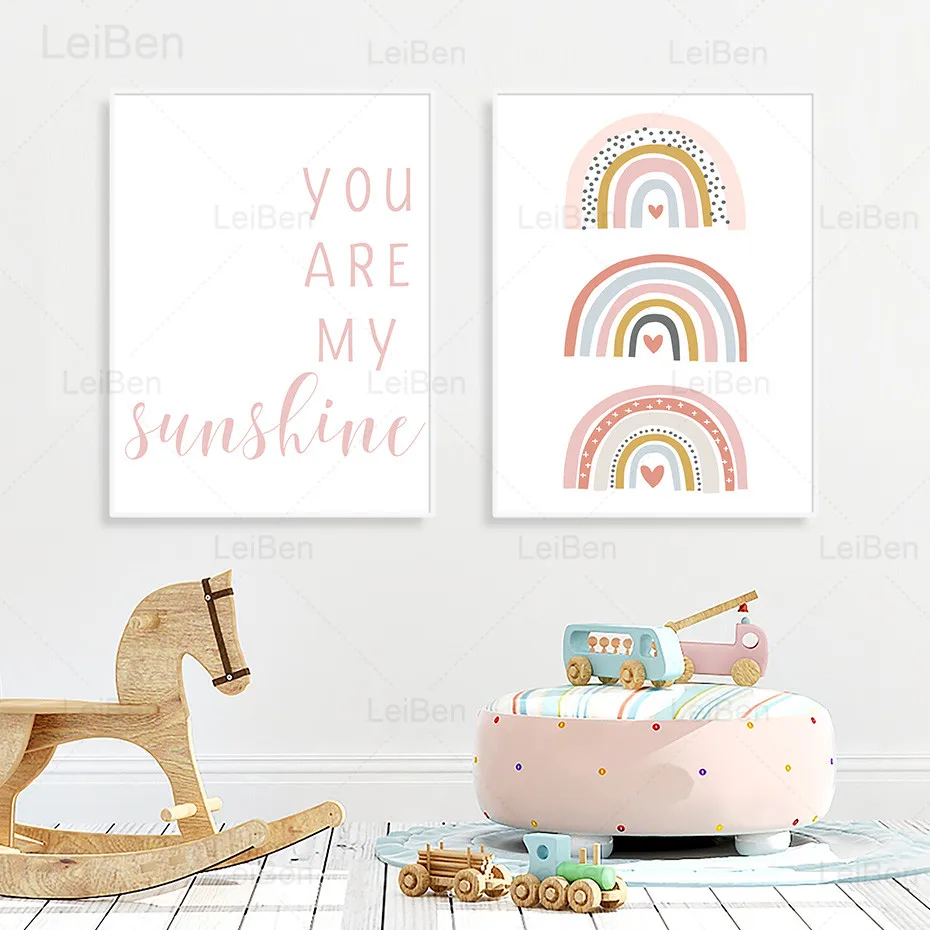 

Nordic Cartoon Prints Picture You Are My Sunshine English Alphabet Canvas Painting Rainbow Wall Art Poster Home Decoration Mural