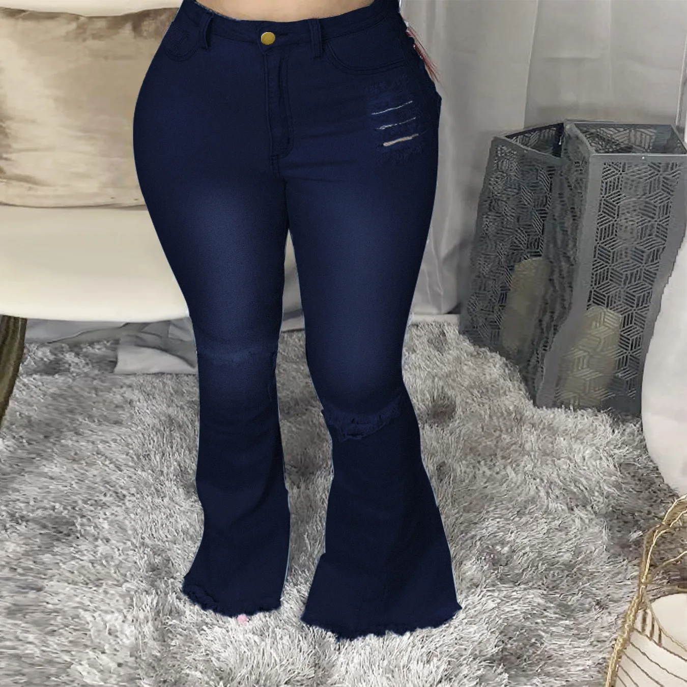

High street sexy hole women flared jeans spring and autumn new stretch skinny slimming lady jeans ripped denim flared pants