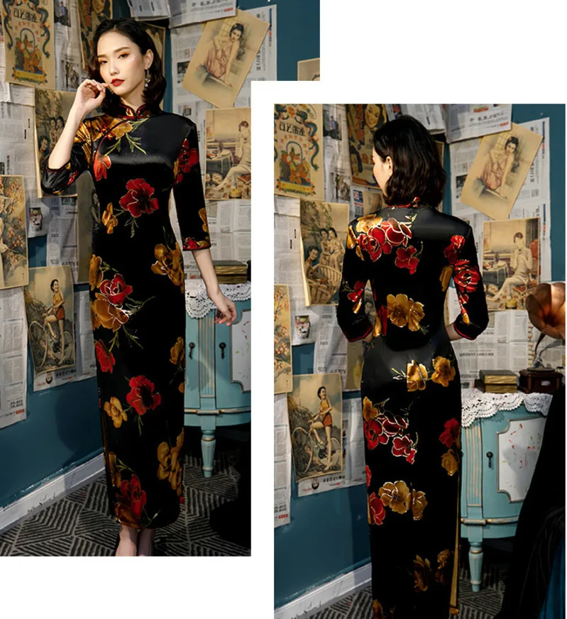 Осенняя одежда 5XL 4XL черный Чонсам с цветами вельветовое платье гибкие Qipao женские Chipao китайские винтажные Длинные платья эластичные силы