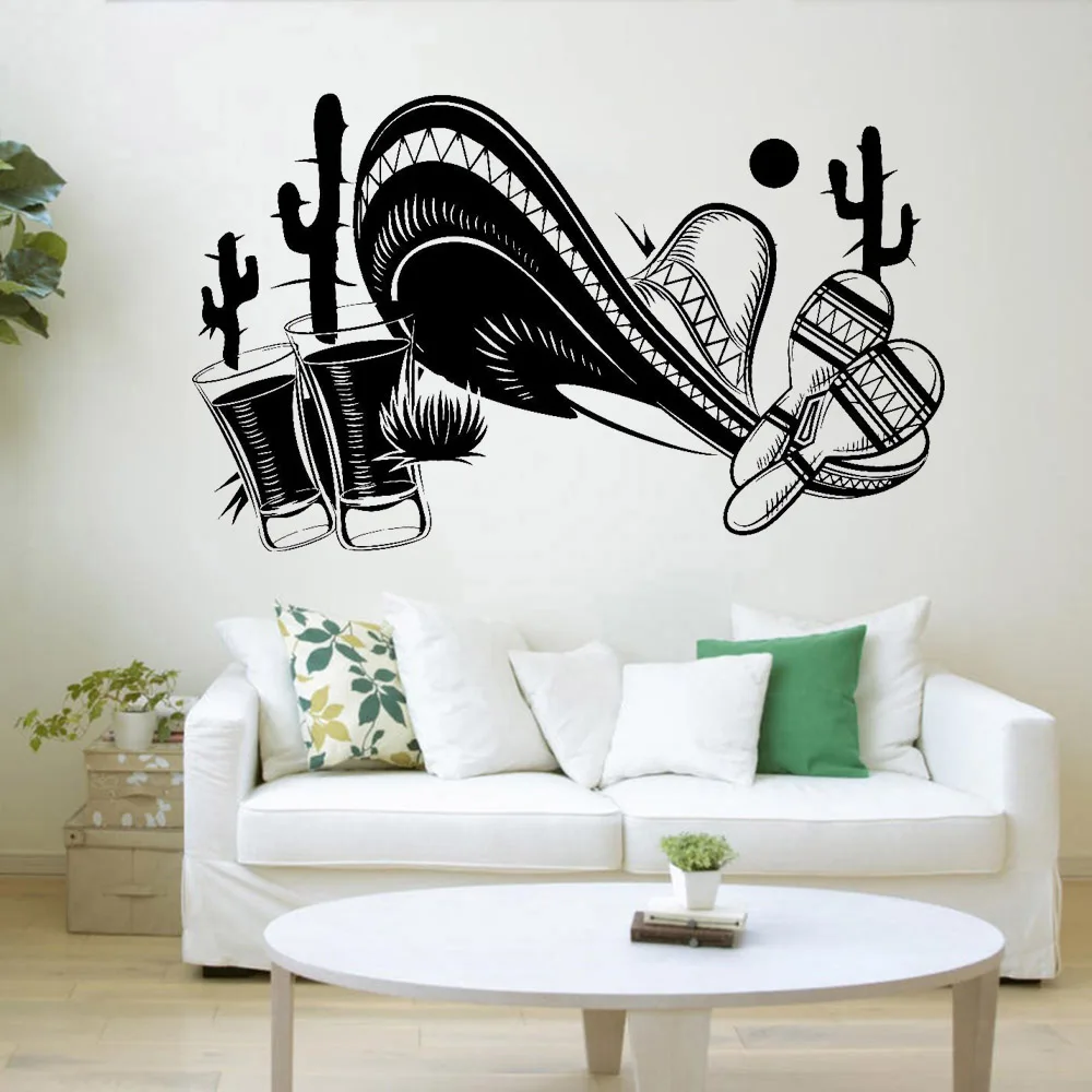 Exotic Wall Stickers Mexican Sombrero Tequila Cactus Decor Decal Vinyl Home Decoration Accessories For Living Room Bedroom Z286