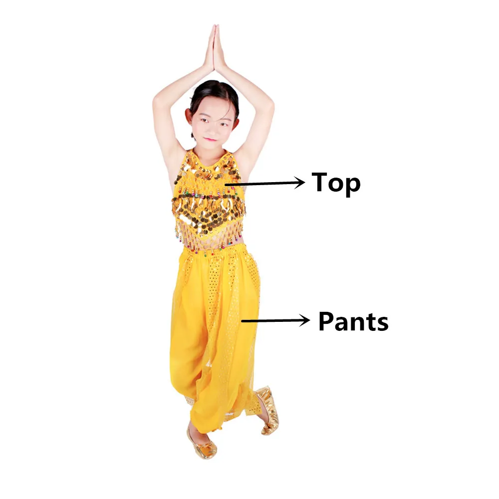 Yellow 2pcs Костюмы для танца живота, для детей, для восточных танцев, для девочек, для танца живота, индийский комплект для танца живота, одежда для танца живота, для детей, индийский, 6 цветов - Color: Yellow 2pcs
