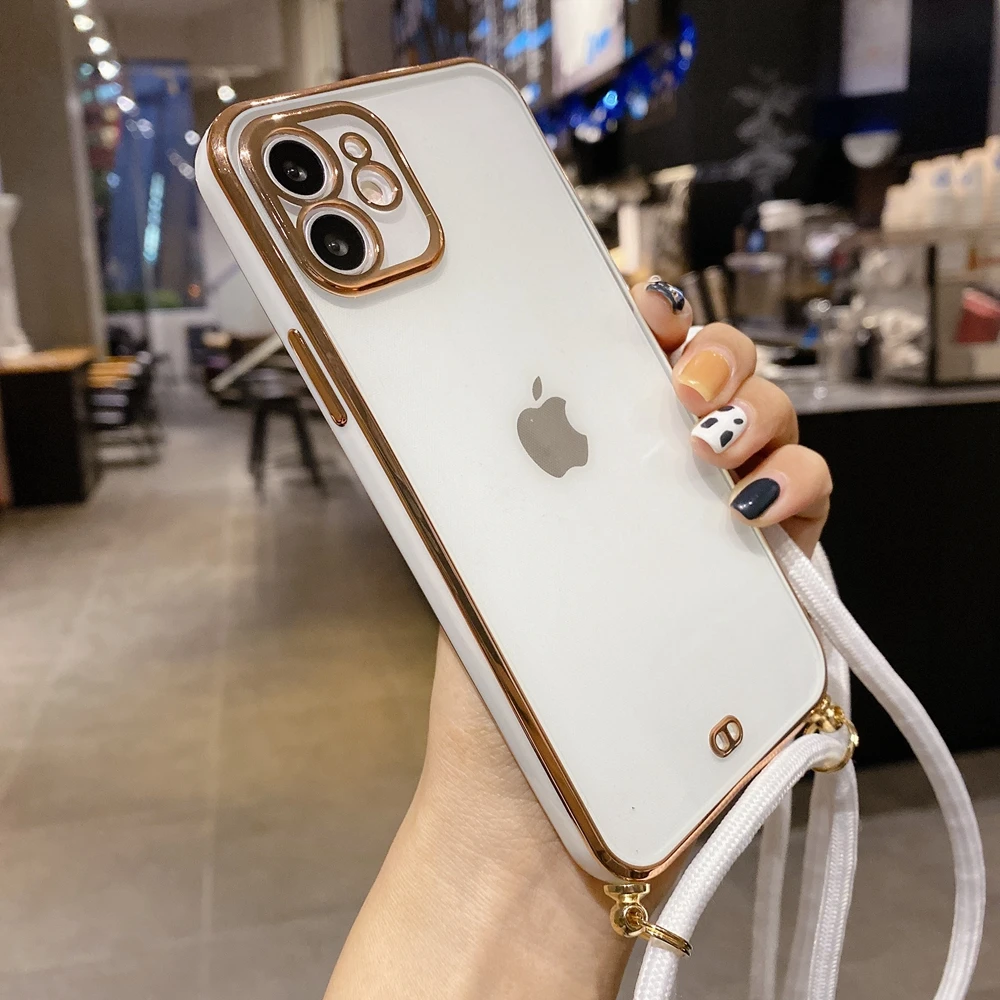 

Neck Strap Corssbody Chain Cord Case For iPhone 12 11 13 Mini Pro Max XS X XR 8 7 Plus SE 2020 Gold Plating Clear Silicone Cover