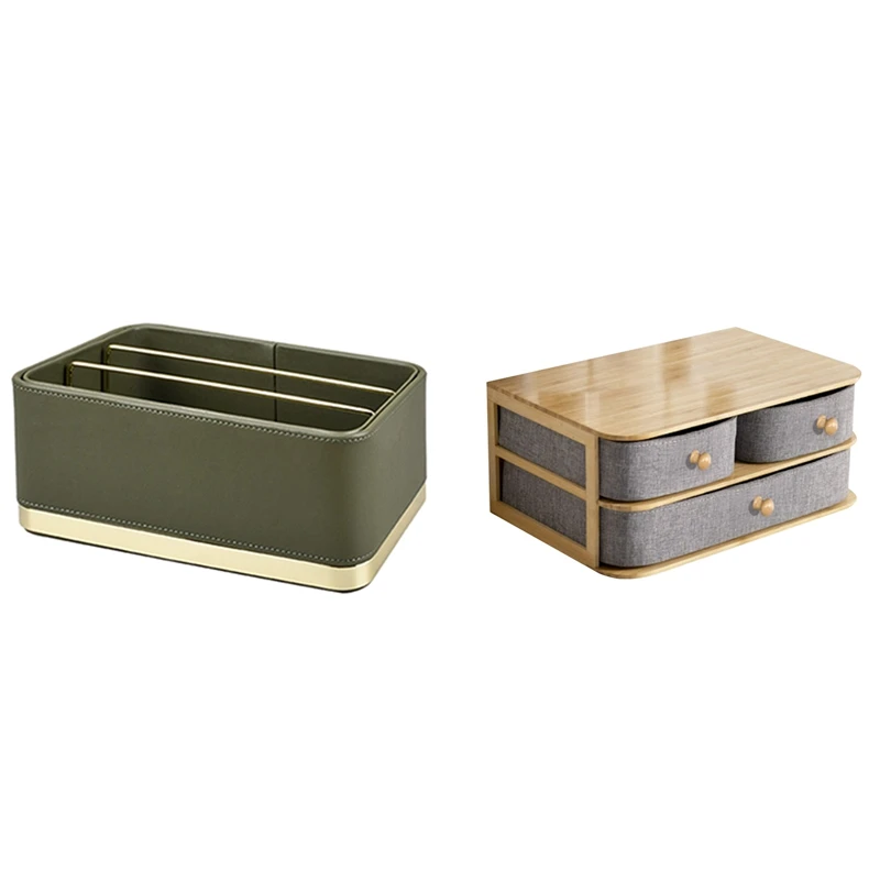 

Light Luxury Leather Storage Box Large Green & Wooden Storage Box Cosmetic Organizer Bamboo Cloth Desktop A