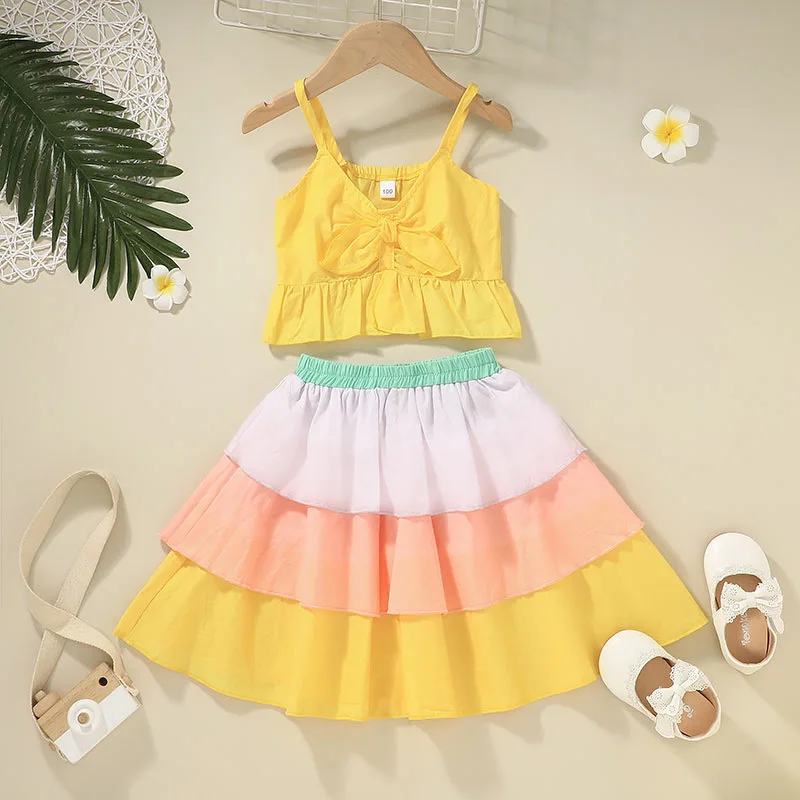 

Kids Baby Girls Summer Off Shoulder Bow Solid Tops Vest Patchwork Rainbow Tiered Skirts Toddler Children Clothes Set 2pcs 12M-5Y
