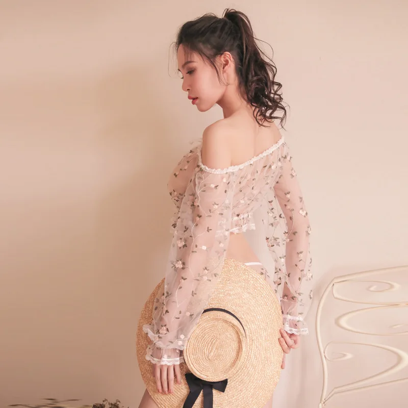 Yhotmeng тонкое прозрачное ночное белье с длинными рукавами ультракороткая Пижама