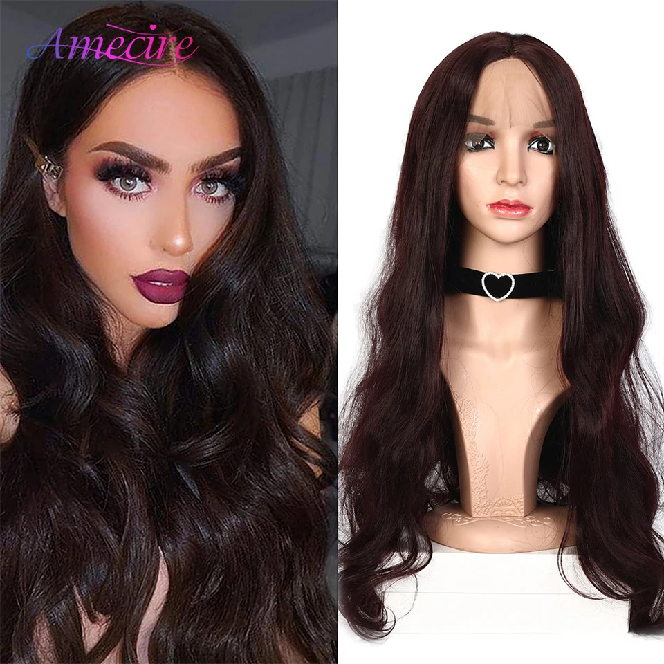 Dark Brown Synthetic Lace Front Wigs Long Deep Wavy High Temperature Fiber Looking Natural Wig for Black Woman