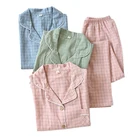 Свежие клетчатые 100% хлопковые женские пижамы, пижамы, Корейские осенние пижамы с длинными рукавами, качественные женские пижамы из хлопка