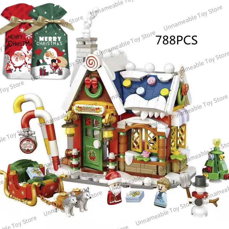 6 Types Christmas Theme Building Blocks Christmas Tree   Merry House Santa Claus Bricks Toy Kid Gift With LED Shining Music Box images - 6