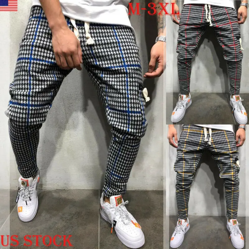 

Брюки мужские повседневные в шотландскую клетку, длинные штаны, спортивный костюм с боковой молнией, эластичные хлопковые брюки для фитнес...