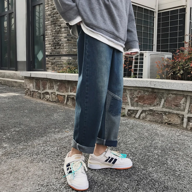 

Patchwork Jeans Men's Straight Fashion Hong Kong Style Loose Cropped Harem Pants Hip Hop Daddy Fashion Brand Retro Pants