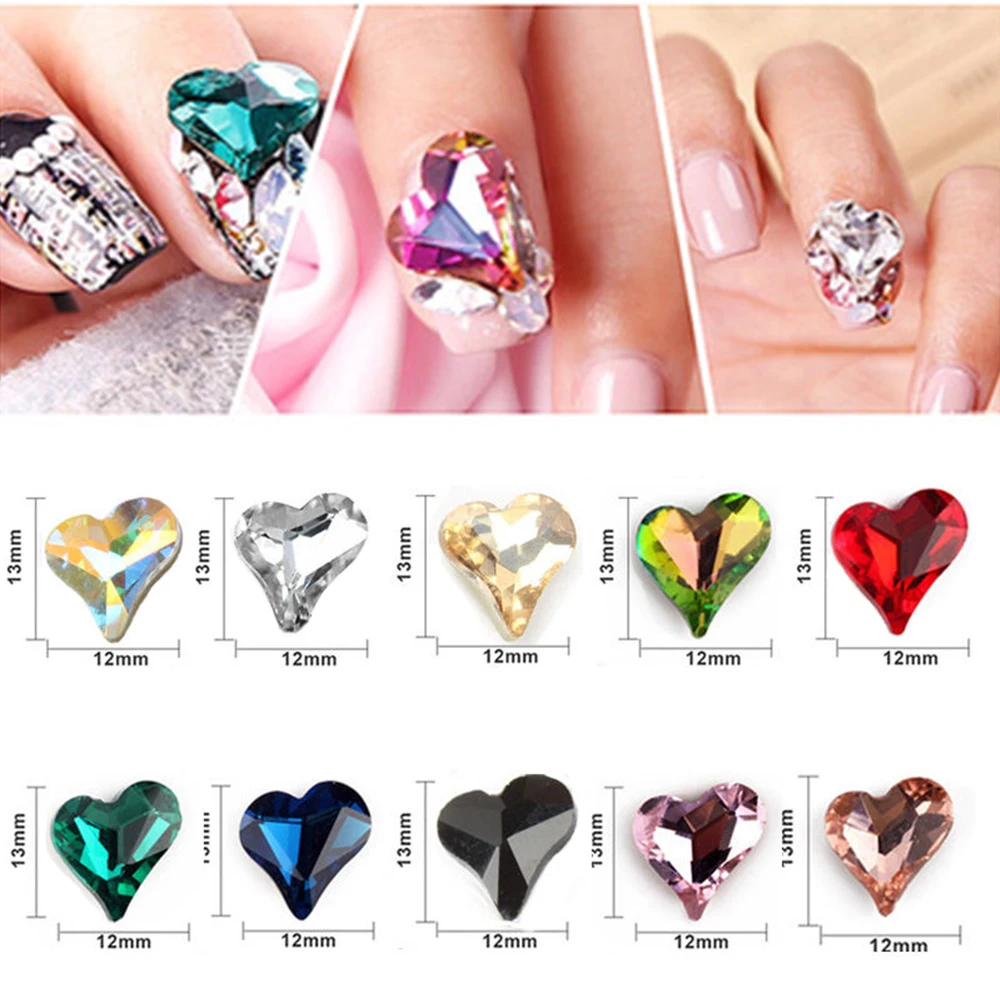 new 30 pcs nail art heart diamond jewelry 12x13mm pointed bottom shaped gems big Peach Heart Shap Diamond Nails Decorations