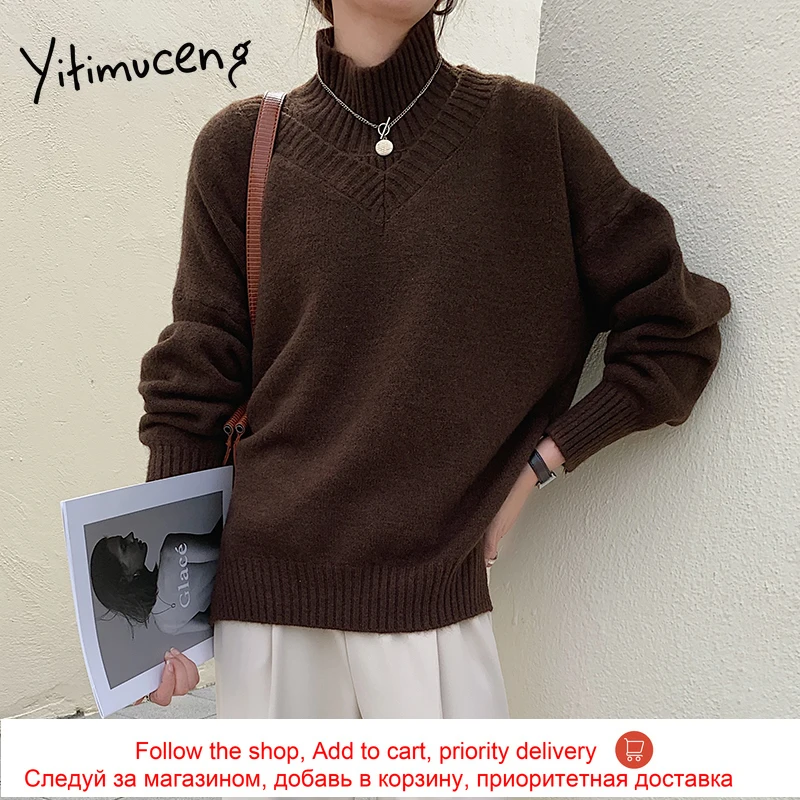 Свитер Yitimuceng с высоким воротником Женский вязаный Топ длинным рукавом зимняя