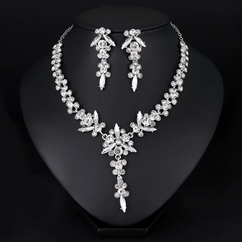 

New Wedding Jewelry Sets for Charming Women Dresses Dating Accessories Glass Crystal Necklace Earrings Sets A