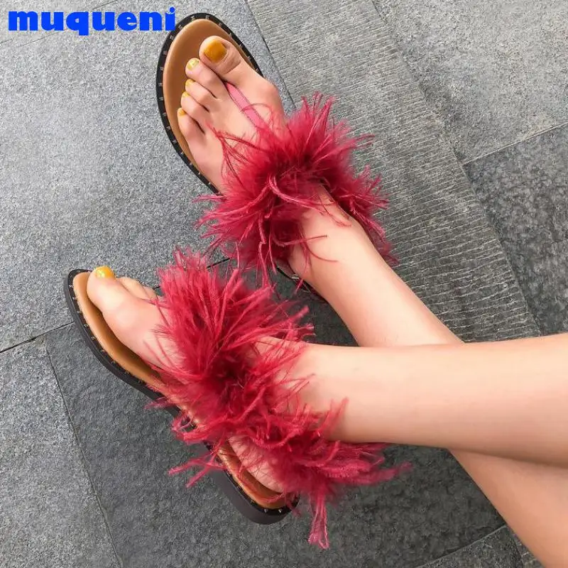 

2021 Fashion Sandals Women Shoes Summer Style Flat Shoes Ladies Sandals Design Feather Flip Flops Beach Shoes Large Size 42 43