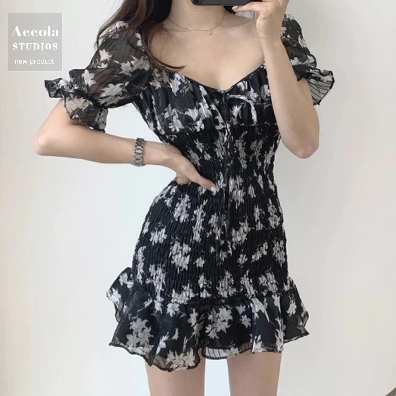 

Bodycon Dress Women Summer 2021 New Fashion Vintage Mini Floral Ruched Dress Korean Sexy Party Puff Sleeve Ruffle Dresses Robe