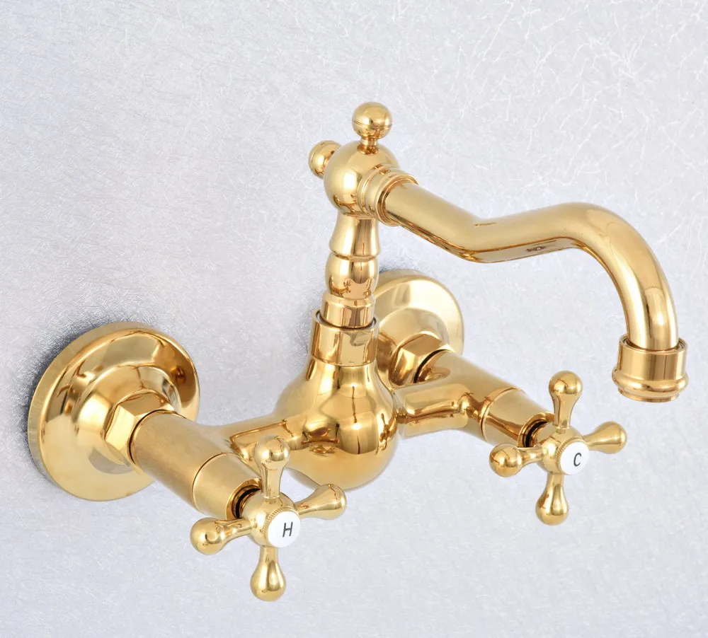

Gold Color Brass Two Cross Handle 2 Hole Wall Mounted Kitchen Bathroom Basin Faucet Sink C/H Mixer Tap Swivel Spout 360' dsf617