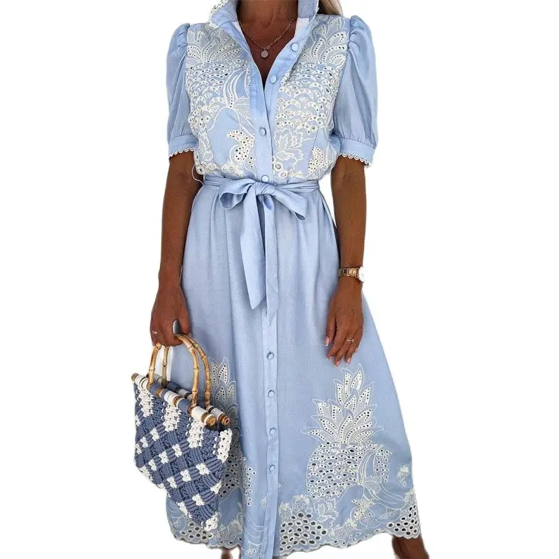 

Women Summer Embroidery Lace Long Dress Puff Sleeve Hollow Out Shirt Dress Casual Elegant Patchwork Belted Party Dress Vestidos