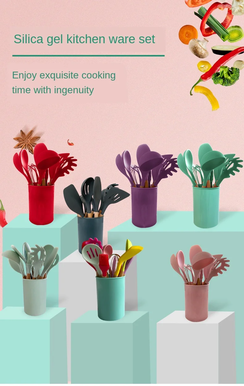 

12pcs/set Wooden Handle Silicone Kitchenware Set Heat Resistant Cookware Cooking Spatula Spoon Kitchen novel kitchen accessorie