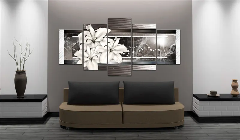 

Modern Painting Canvas 5 Panels Elegant Lily Floral Beautiful Exquisite Background Wall Art Print Living Room Decor