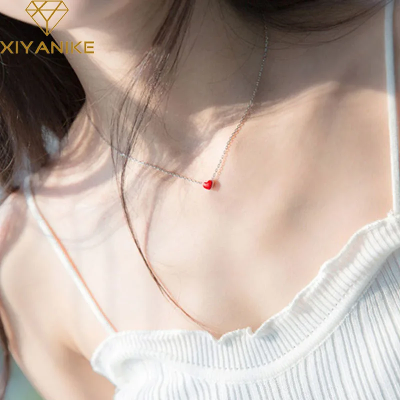 

XIYANIKE Wholesale Silver Color Necklace for Women Korean Cute Red Heart Pendant Clavicle Chain New Fashion Party Jewelry