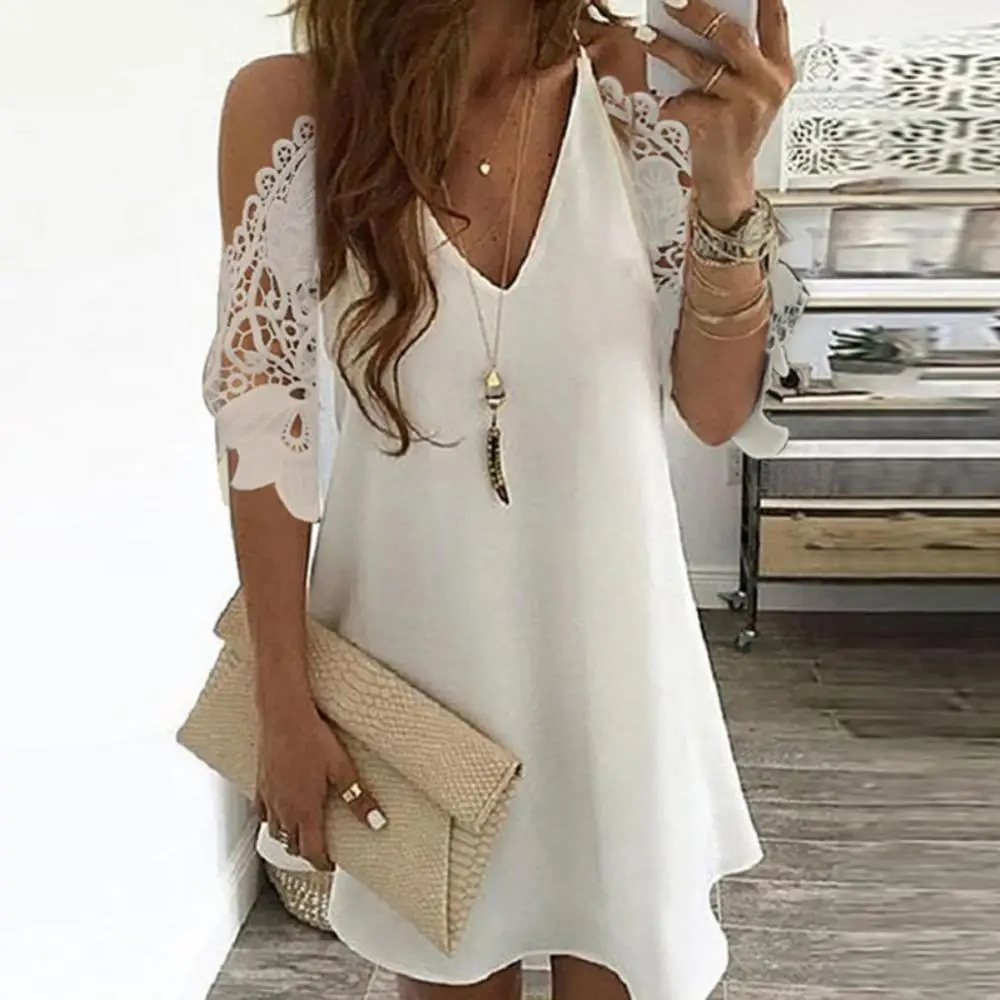 

Sexy Women Dress Mini Dress V Neck Pineapple Floral Print Cold Shoulder Lace A Line Beach A Line Wrap Sundress Robe