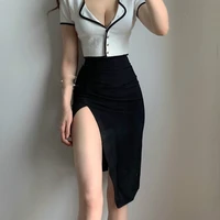 womengaga spring fashion solid color irregular side sexy thin high waist sexy girl female skirt woman thigh exposed skirts 888y