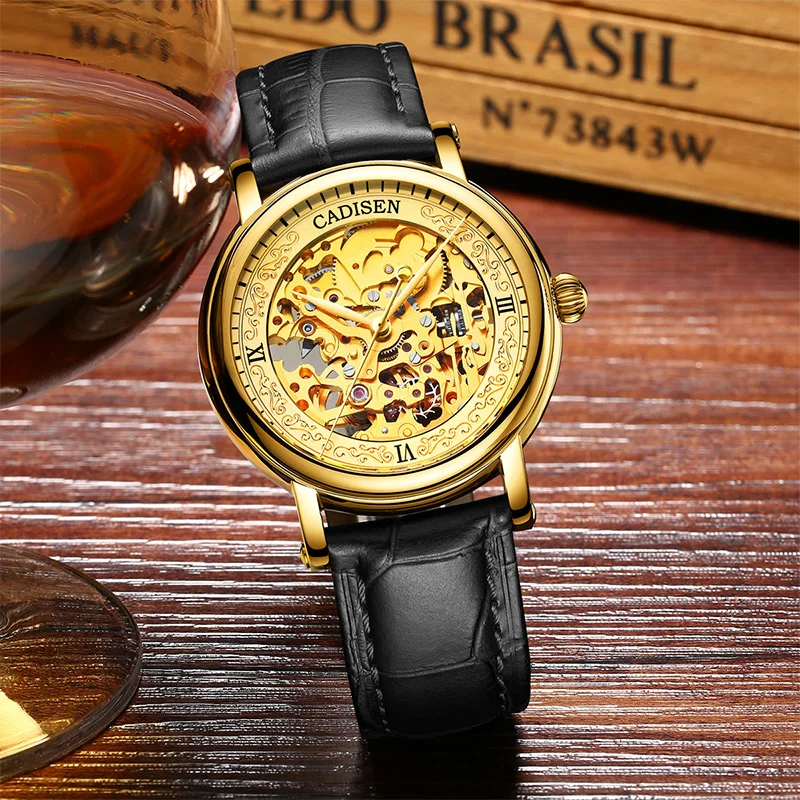 

CADISEN Men Watches Top Luxury Brand Automatic Mechanical Watch 8N24 Hollow out Golden Leather Casual Business Retro Wristwatch